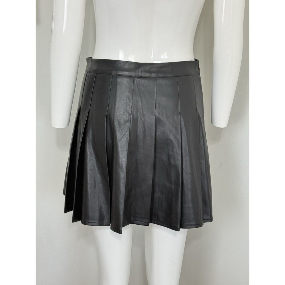 Women Faux Leather Skirt Black Mini Pleated High Waist Slim A-line Skirt M NWT - Picture 4 of 12